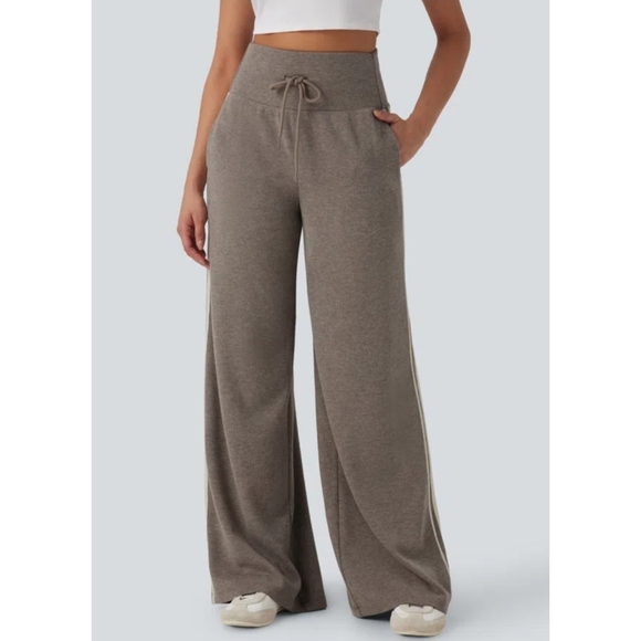HALARA Pants - Halara Ribbed High Waisted Tummy Control Wide Leg Pants Size XLarge In Taupe NEW